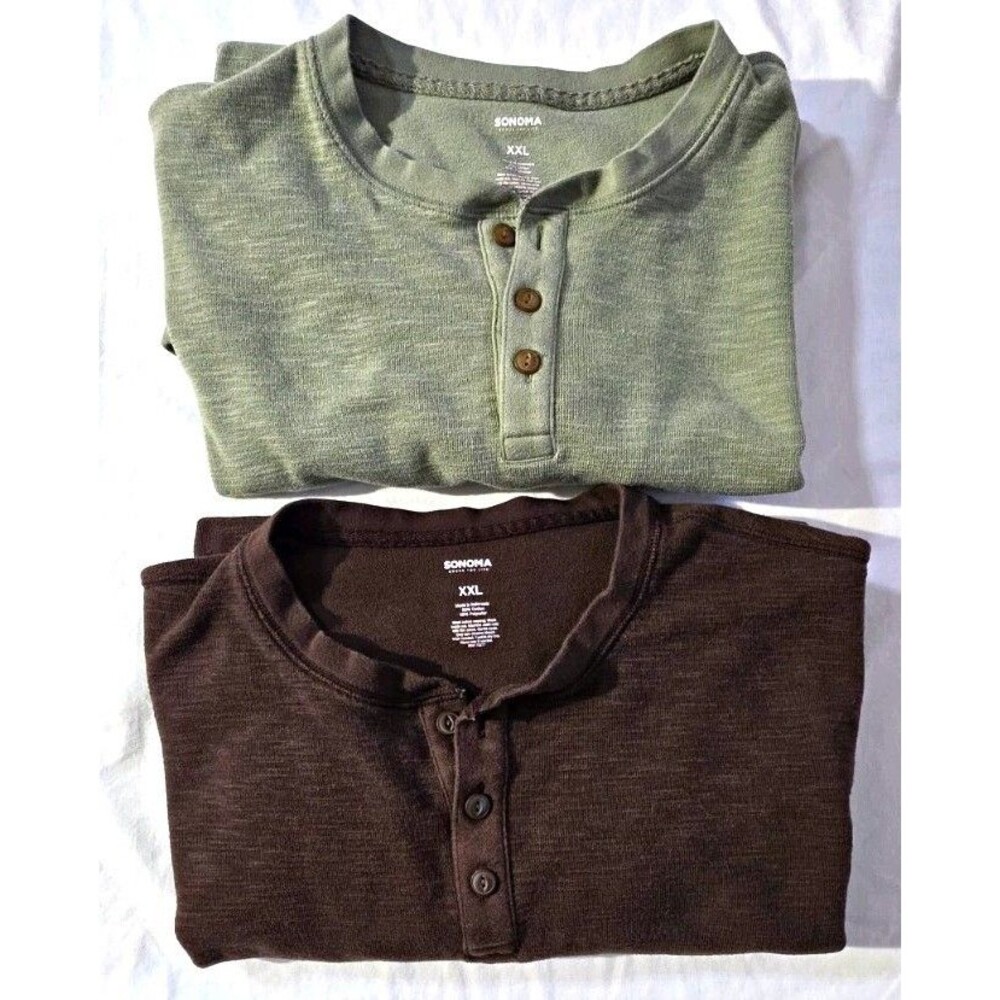 Sonoma Men’s 2XL Henley Knit Pullover Sweater Long Sleeve Button Green/Brown